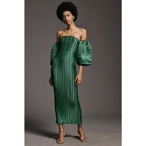 L'IDÉE Sirene Off-Shoulder Puff-Sleeve Pleated Midi Column Dress Emerald Sz